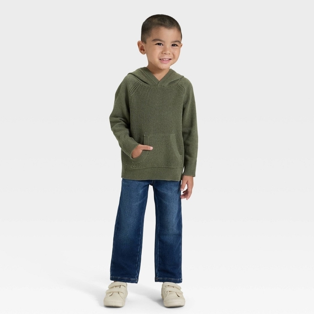 Cat & Jack - Olive Green Waffle Knit Toddler Hoodie Sweater - Picture 3 of 3